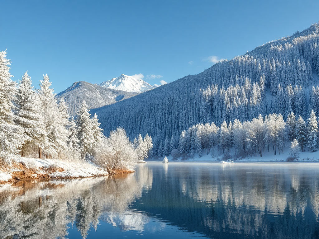 Зимний пейзаж: заснеженные деревья и горы отражаются в спокойной воде озера под ясным небом.