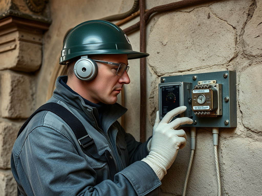 Рабочий в каске и наушниках настраивает электрооборудование на стене.