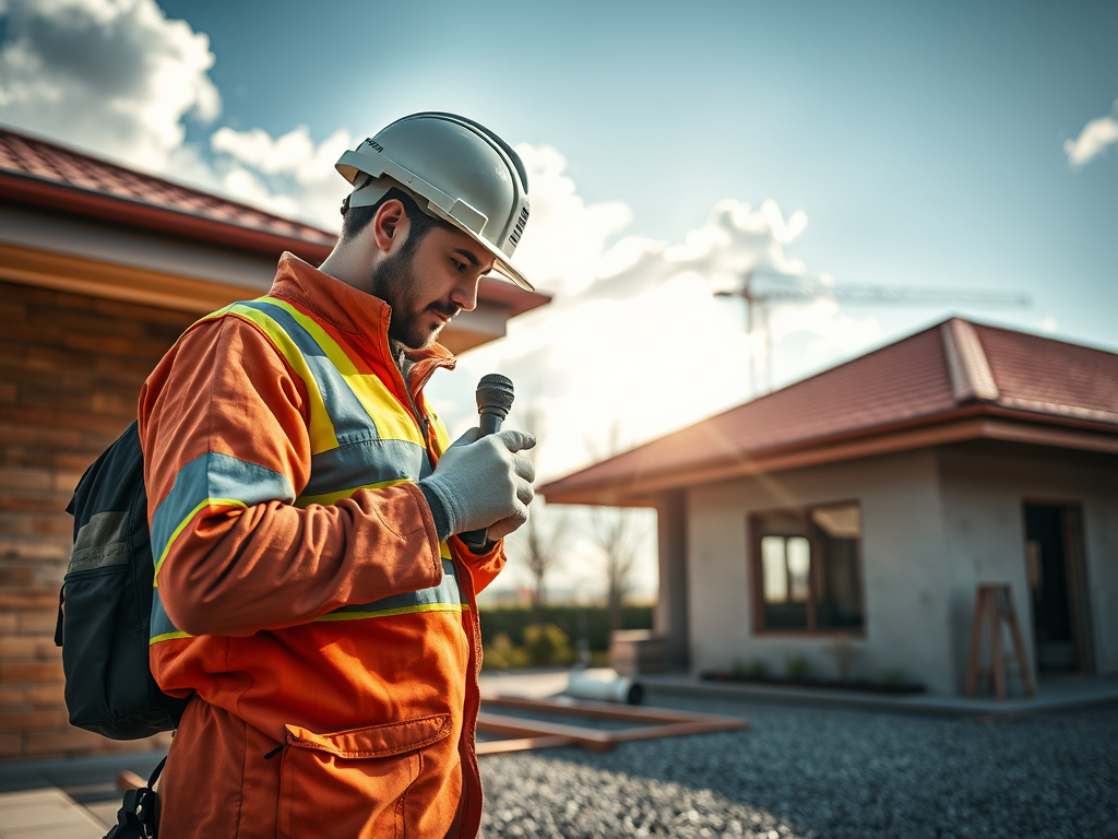 Рабочий в защитной одежде с микрофоном на стройке, здания и краны на фоне.
