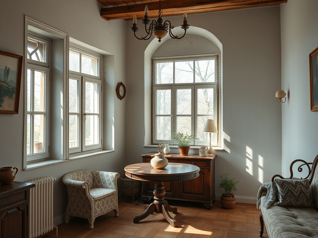 Светлая комната с окнами, уютной мебелью и деревянным потолком, напоминающая атмосферу спокойствия.