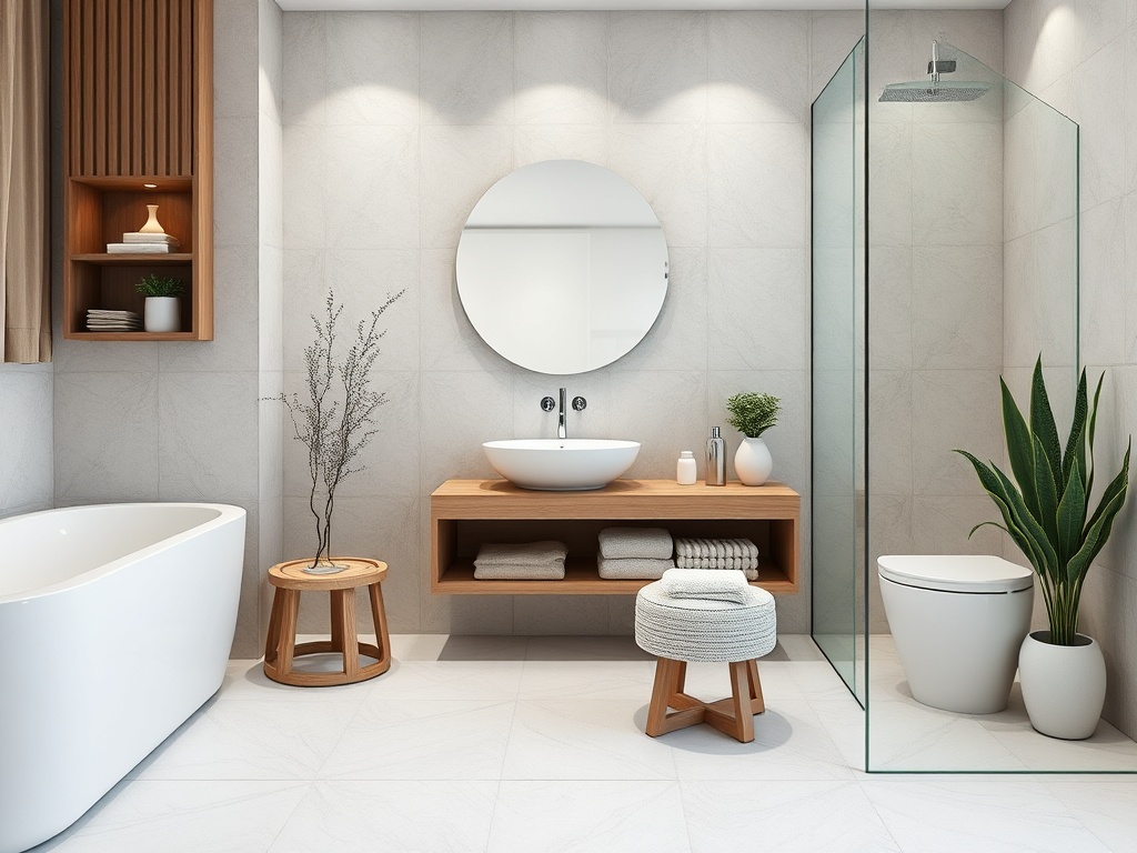 Современная ванная комната с душевой, ванной, раковиной и растениями в стильном дизайне.