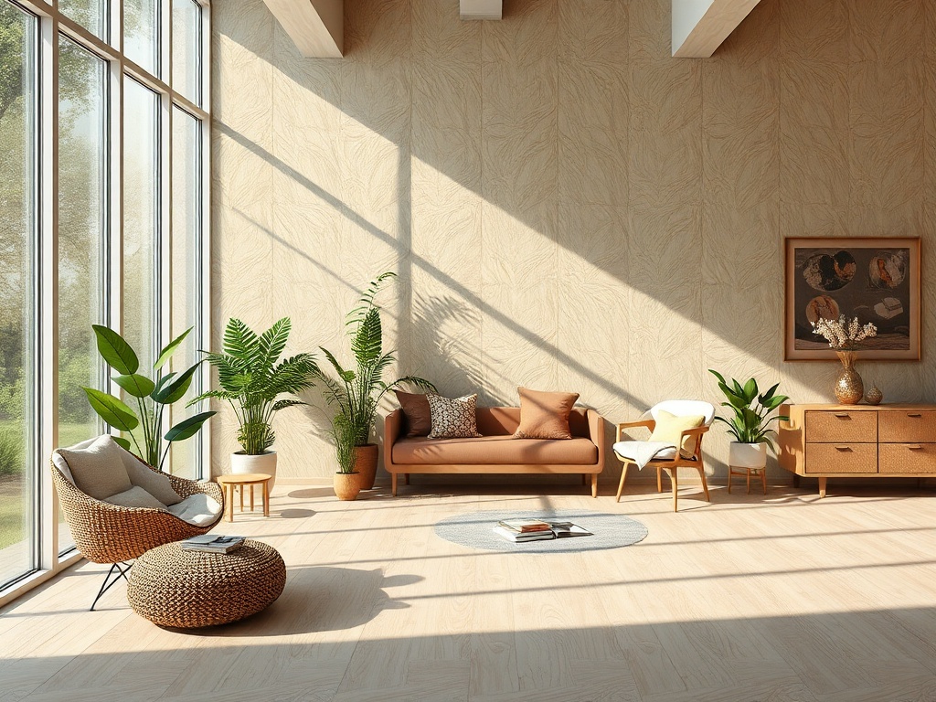 Светлая комната с большими окнами, растениями и уютной мебелью. Теплые тона создают атмосферу уюта.