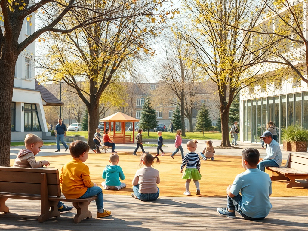 На playground играют дети, взрослые гуляют, деревья с желтыми листьями, солнечный день.