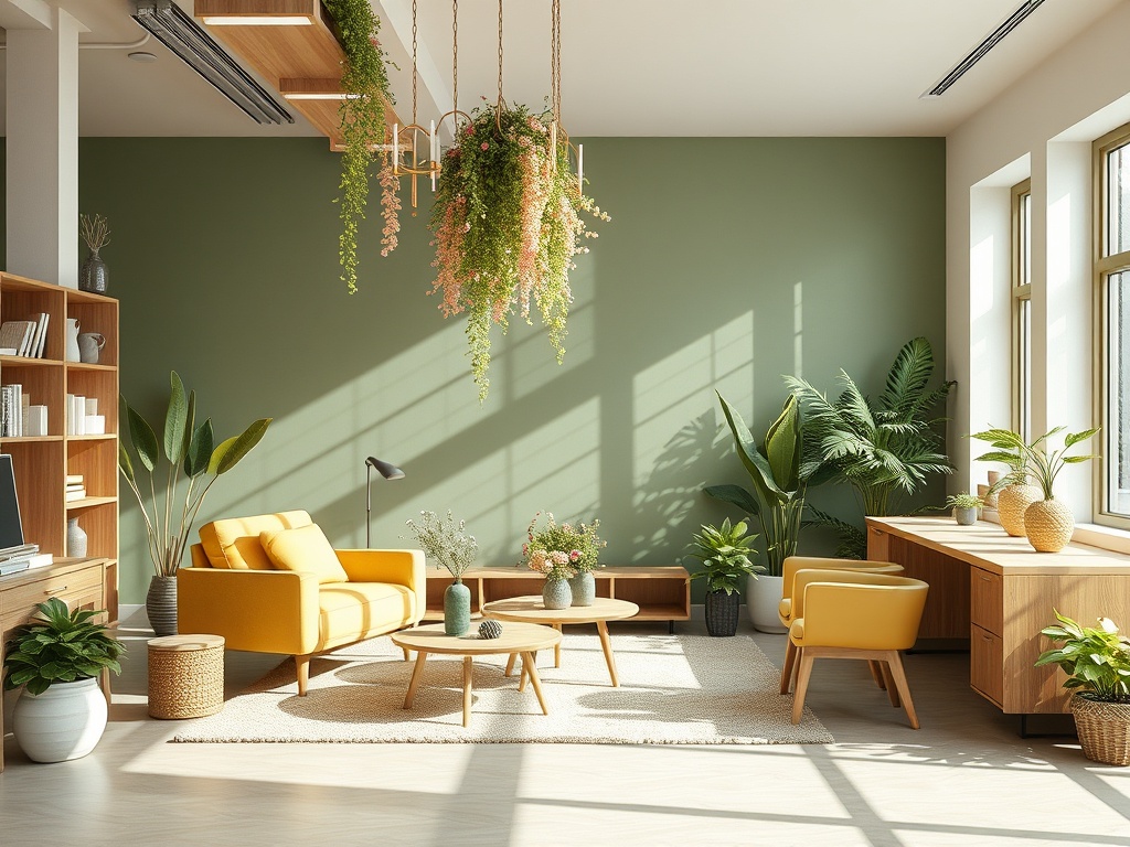 Светлая гостиная с желтым диваном, зелеными растениями и деревянной мебелью на фоне оливковой стены.