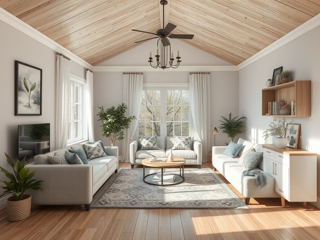 Светлая гостиная с деревянным потолком, мягкой мебелью и зелеными растениями, уютная и просторная.