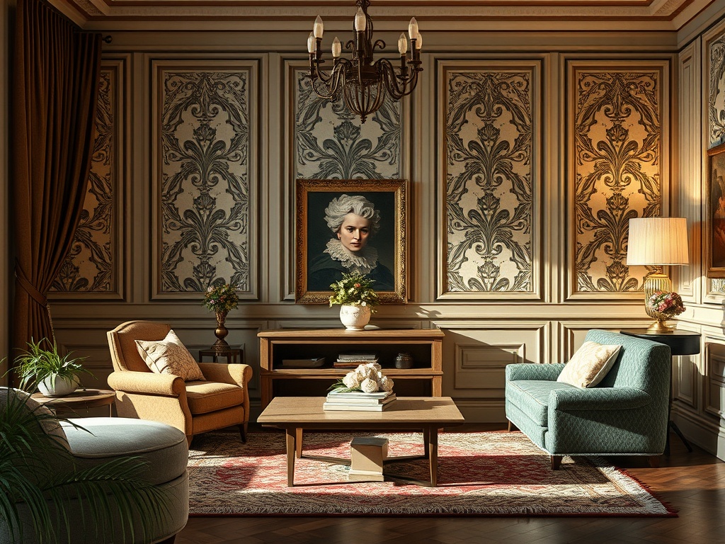 Элегантная гостиная с картинами, уютной мебелью и красивыми обоями в классическом стиле.