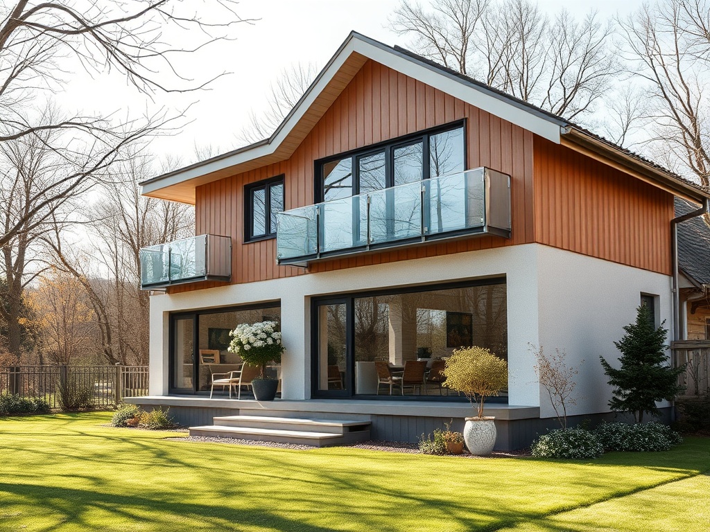 Современный дом с большими окнами и балконами, окруженный зеленым газоном и деревьями.
