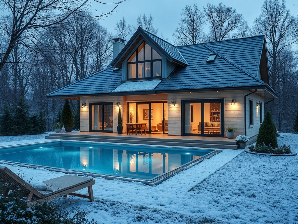 Современный дом с бассейном, окруженный зимним пейзажем и снежными деревьями в вечернем свете.