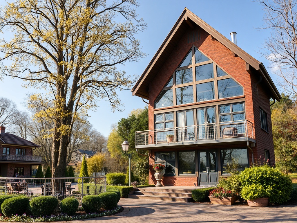 Современный загородный дом с большими окнами, окружённый зеленью и цветами под ясным небом.