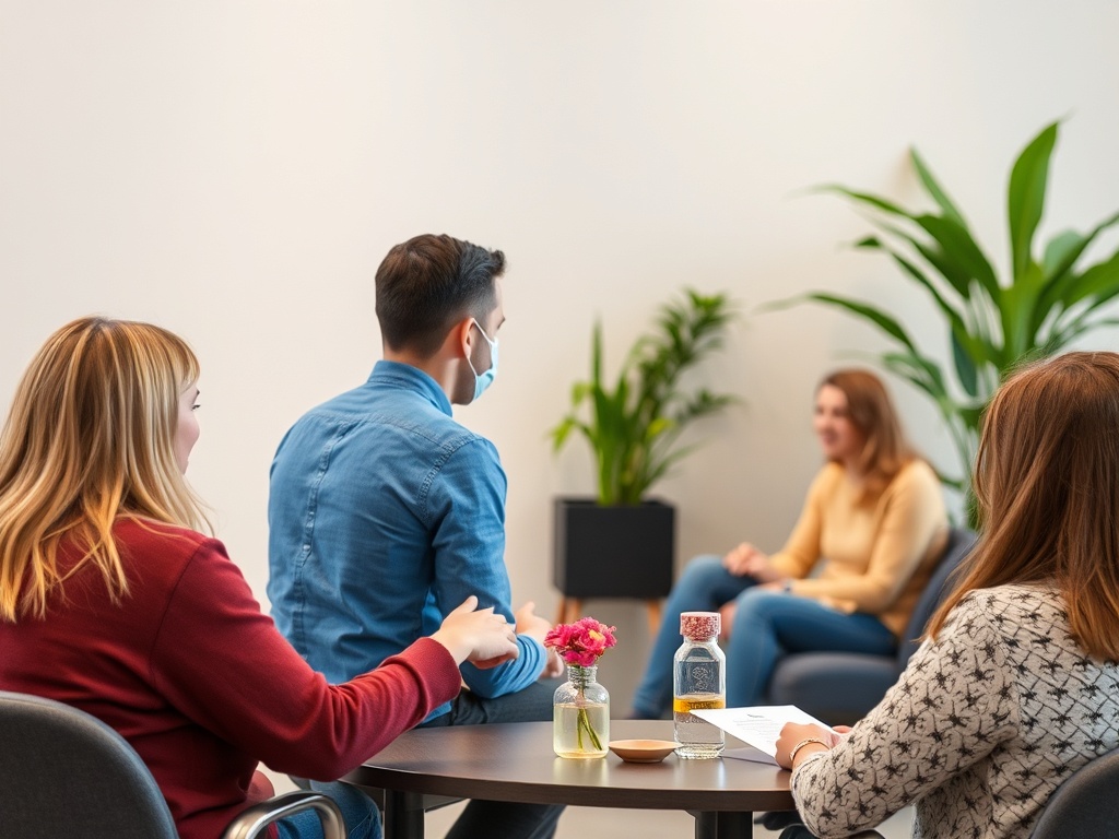 Группа людей в беседе, сидящие за столом в светлом помещении с растениями и декоративными элементами.