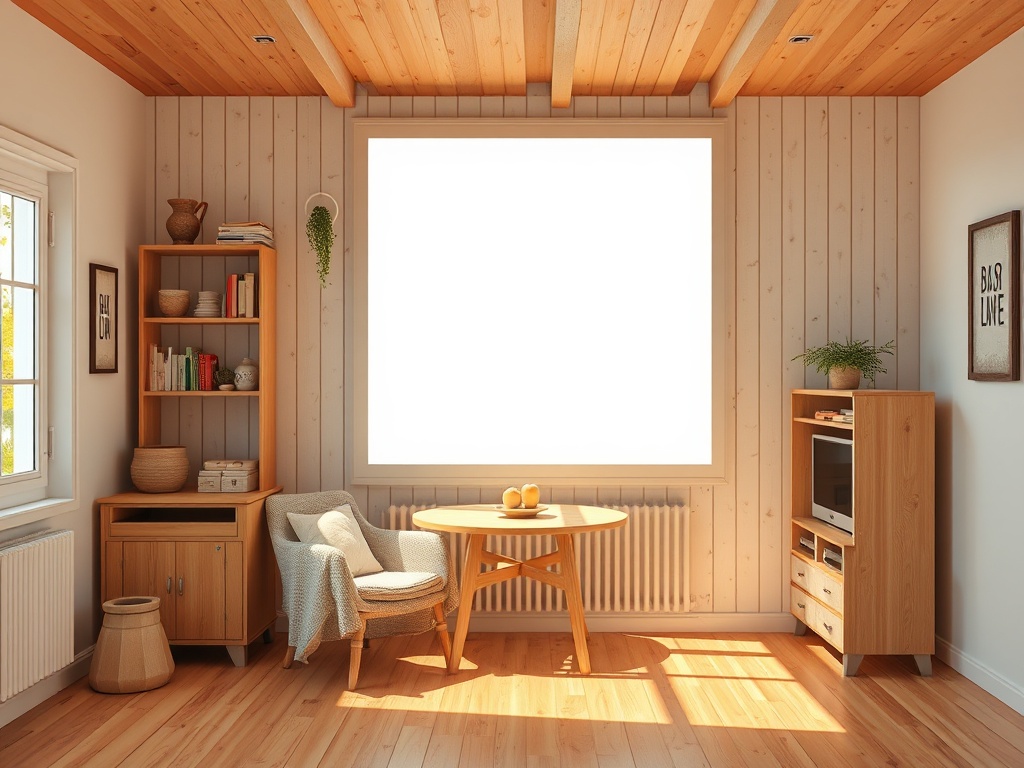 Современная гостиная с деревянной отделкой, уютной мебелью и большим окном, заливающим светом пространство.