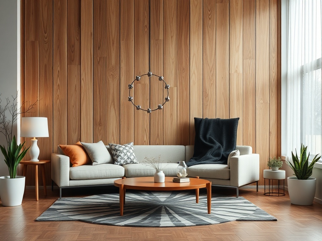 Современный уютный интерьер гостиной с диваном, журнальным столиком и зелеными растениями.