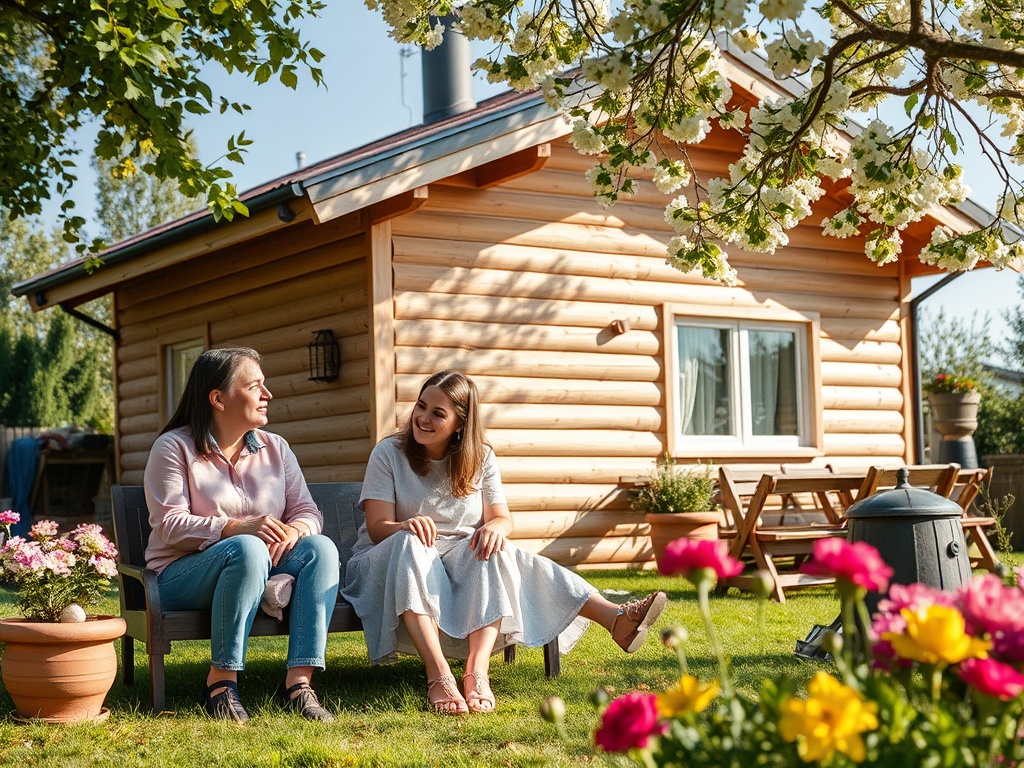 Две женщины беседуют на скамейке у деревянного дома среди цветов и зелени. Солнечный день.