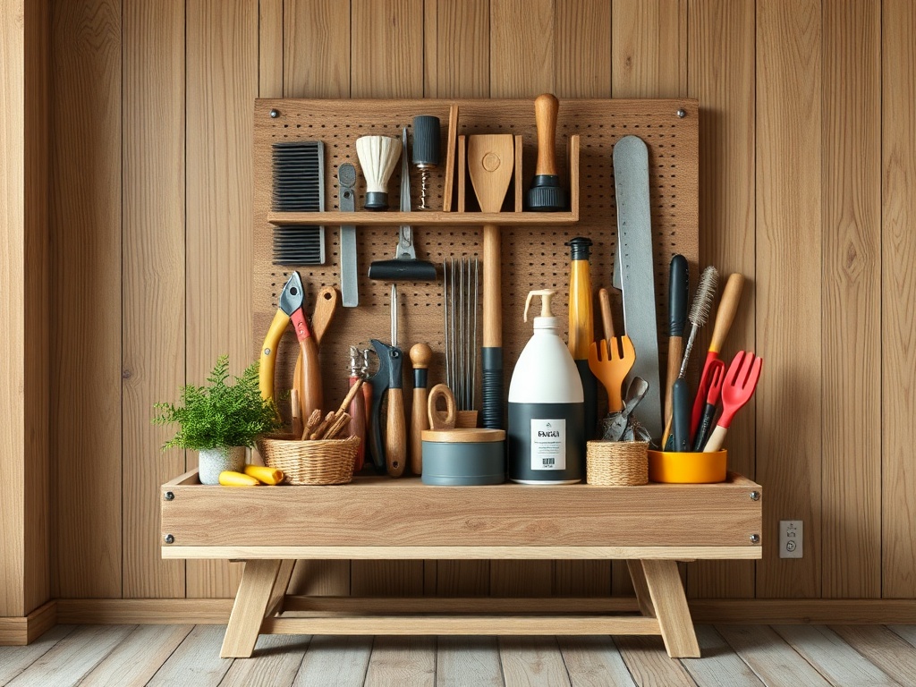 Стена с инструментами: молотки, отвертки, кисти и садовые принадлежности на деревянной стойке.