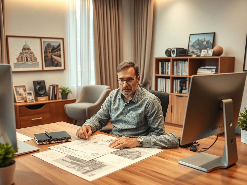 Человек в офисе, изучающий архитектурные планы на столе, рядом с компьютером и блокнотом.