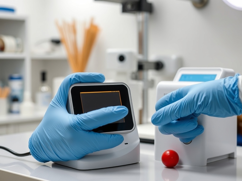 На столе два прибора, на одном экране, руки в перчатках. Один прибор управляет красным шаром.