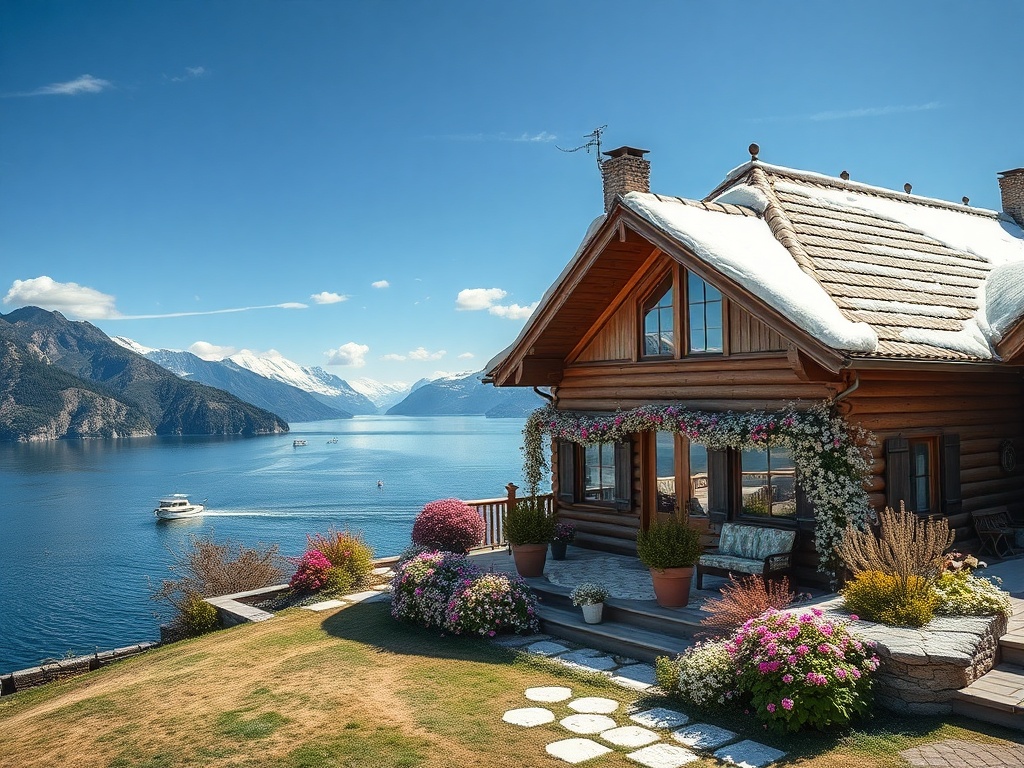 Уютный деревянный дом с цветами на фоне живописного озера и гор. Ясный день и легкие облака.
