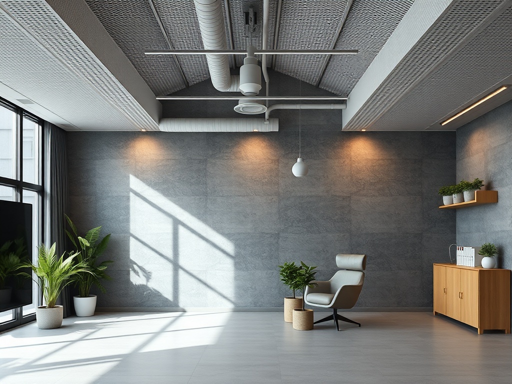 Современный интерьер с серой стеной, зелеными растениями и мебелью в уютном освещении.
