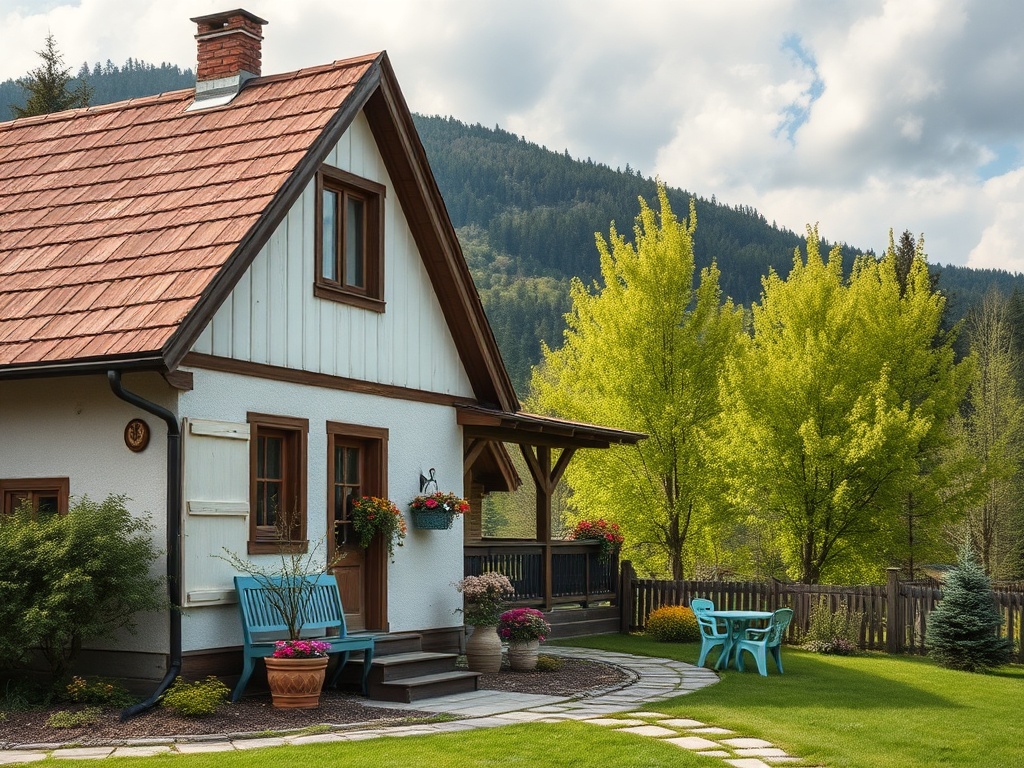 Уютный загородный дом с зелеными деревьями и цветущим садом на фоне гор. Спокойная атмосфера природы.
