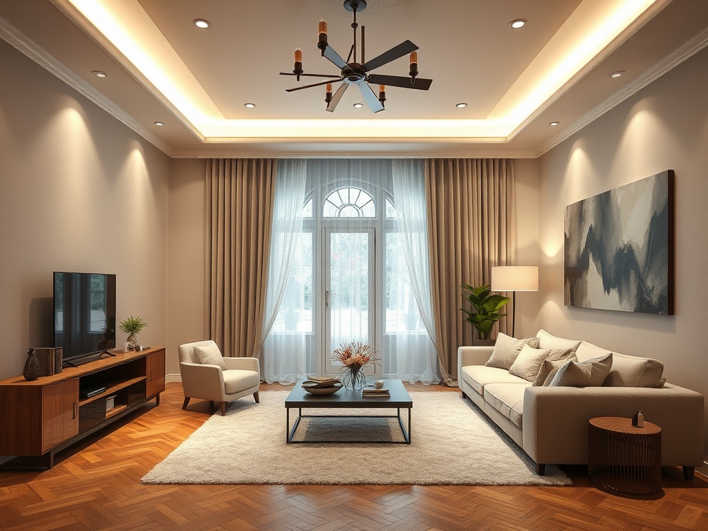 Современная гостиная с удобным диваном, креслом, телевизором и яркими окнами, оформленная в нейтральных тонах.