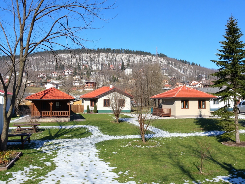 На фото загородные дома на фоне гор, часть снега на траве, ясное небо и зелёные деревья.