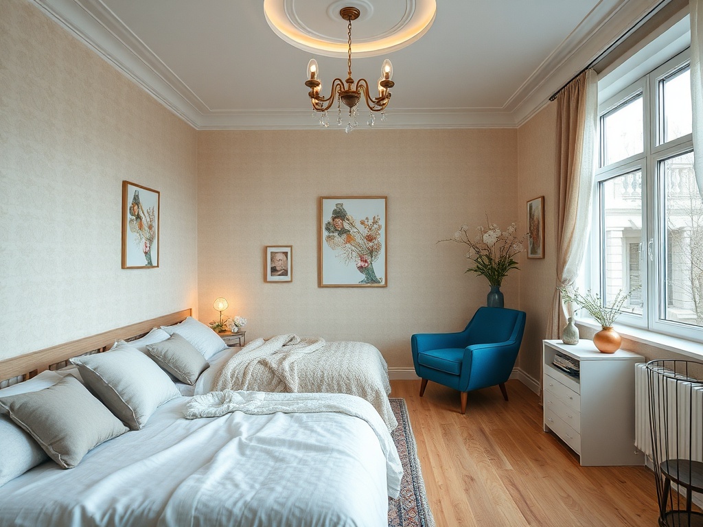 Современная спальня с двумя кроватями, уютным креслом и декором на стенах. Светлые тона и деревянный пол.