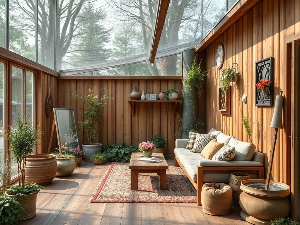 Светлая комната с деревянными стенами, уютной мебелью и зелеными растениями, создающими комфортную атмосферу.