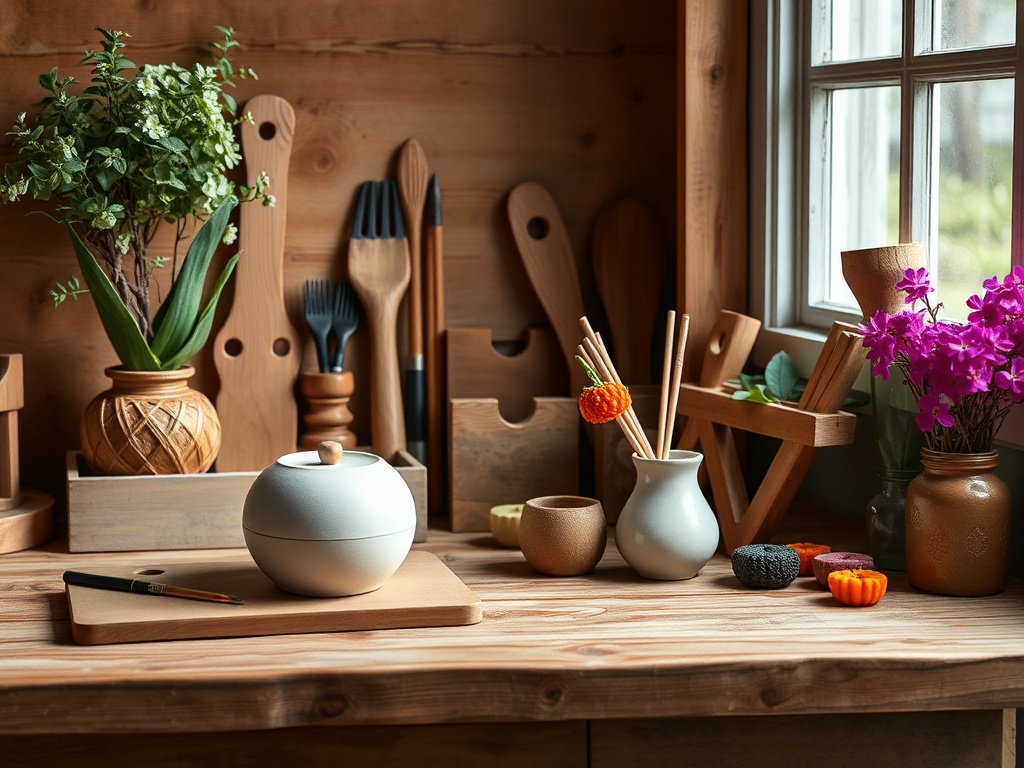 Стол с кухонной утварью, растениями и декоративными предметами в уютной атмосфере.