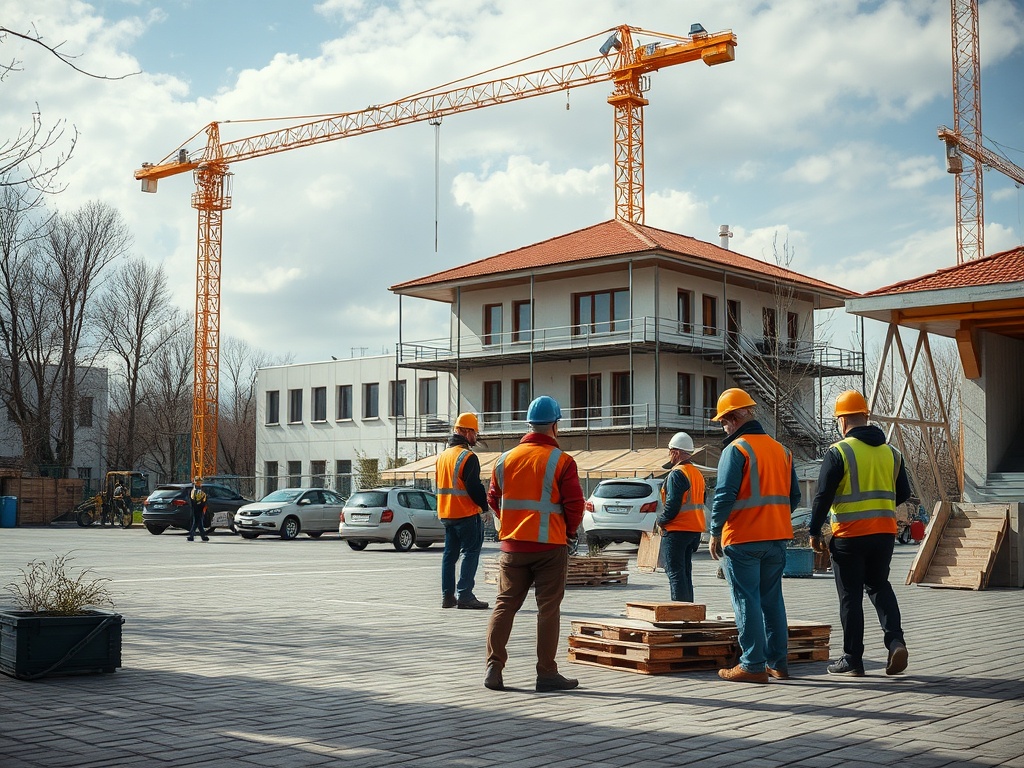 Строительная площадка с работниками в жилом районе, рядом краны и дома, люди в касках и жилетах.