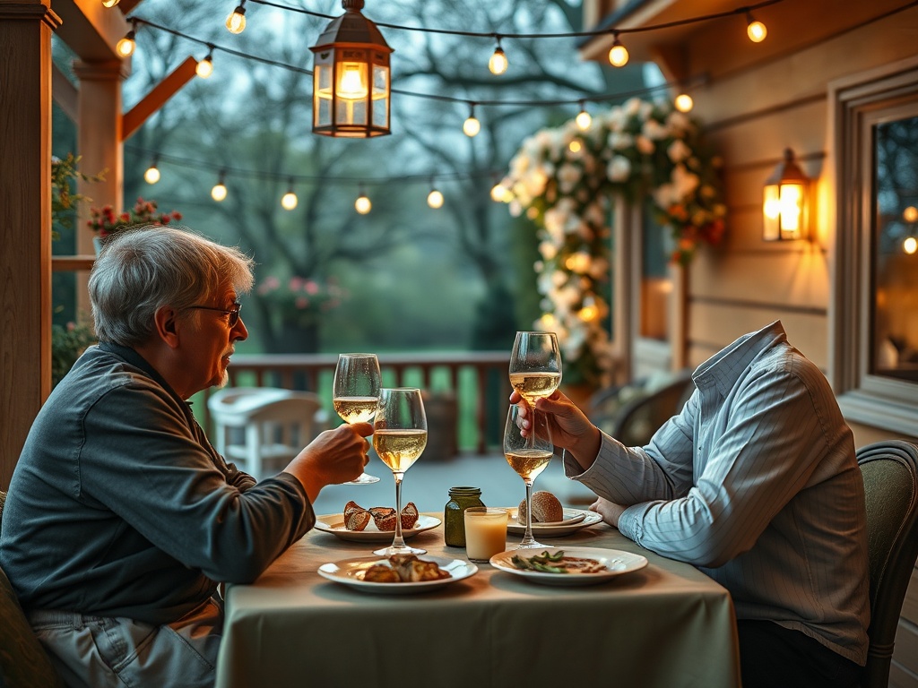 Два человека наслаждаются ужином на террасе при вечернем освещении. Их головы отсутствуют.