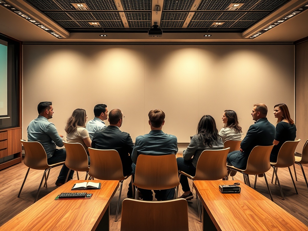 Группа людей сидит на стульях, смотря на пустую стену в уютном конференц-зале.