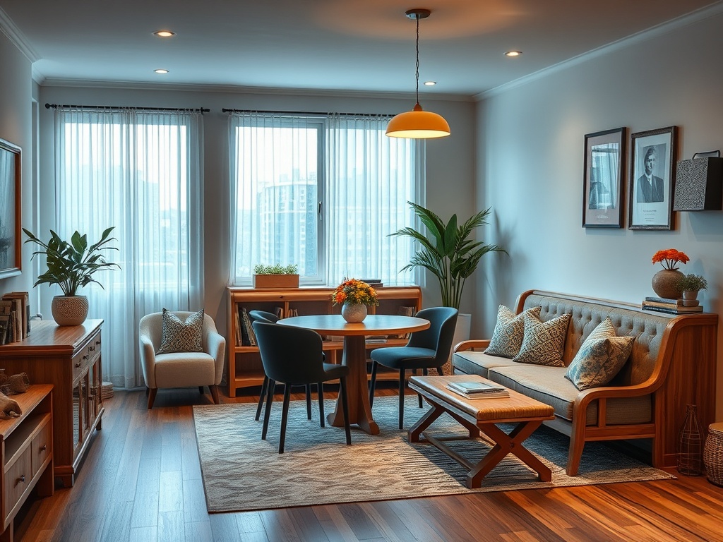 Современная гостиная с удобной мебелью, растениями и большими окнами, наполняющими пространство светом.