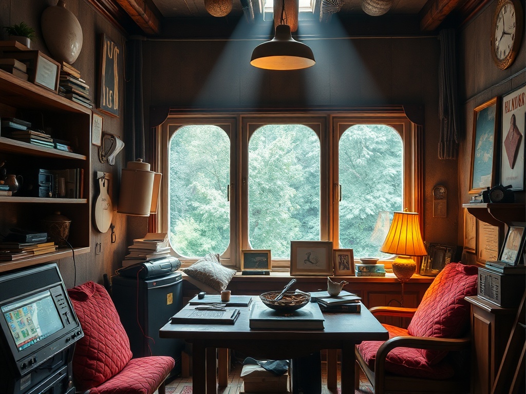 Уютный кабинет с книгами, столом и окнами, пропускающими солнечный свет и вид на зелень снаружи.