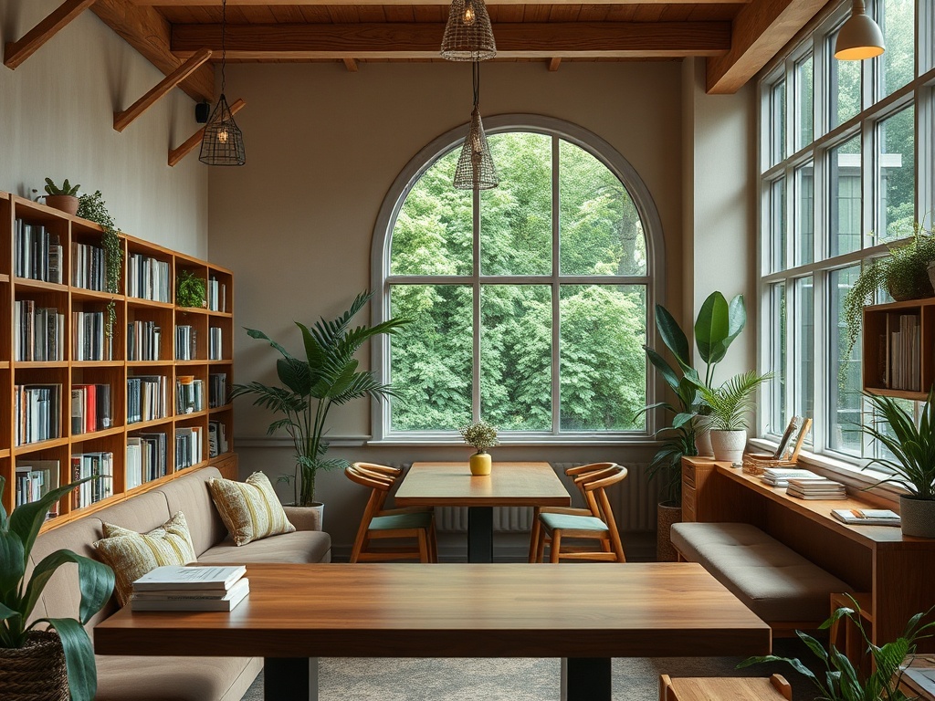 Уютный интерьер с книжными полками, растениями и большими окнами, наполняющими пространство светом.