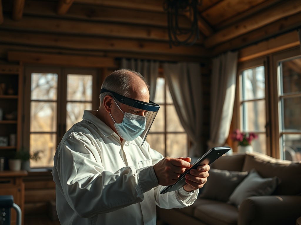 Мужчина в маске и защитном щите работает с планшетом в светлом интерьере загородного дома.