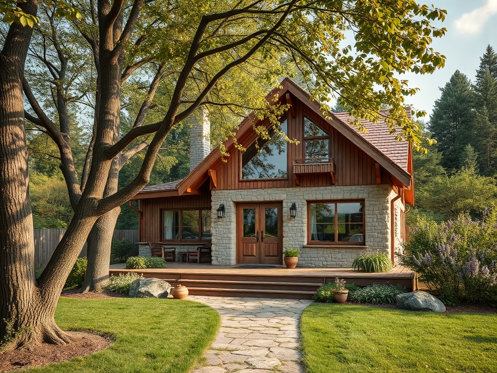 Дом в загородном стиле с деревьями и ухоженным участком, окруженный зеленью и цветами.