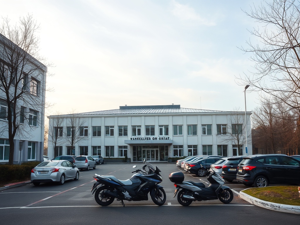 Здание с парковкой, на переднем плане стоят два скутера и несколько автомобилей. Небо ясное.