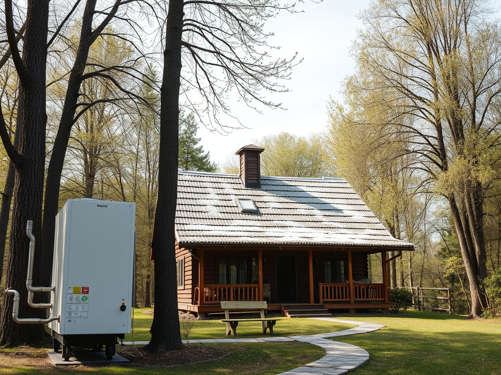 Деревянный дом с крышей и скамейкой на открытом пространстве, окруженный деревьями, в солнечный день.