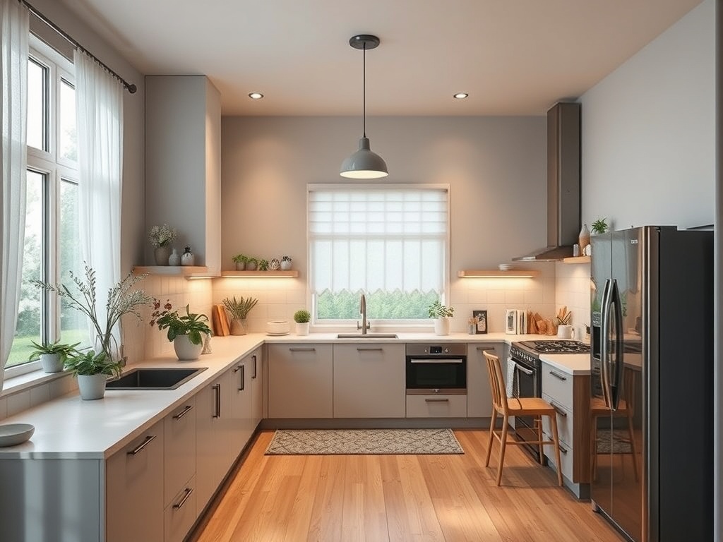 Современная кухня с большими окнами, холодильником, плитой и множеством зелёных растений.