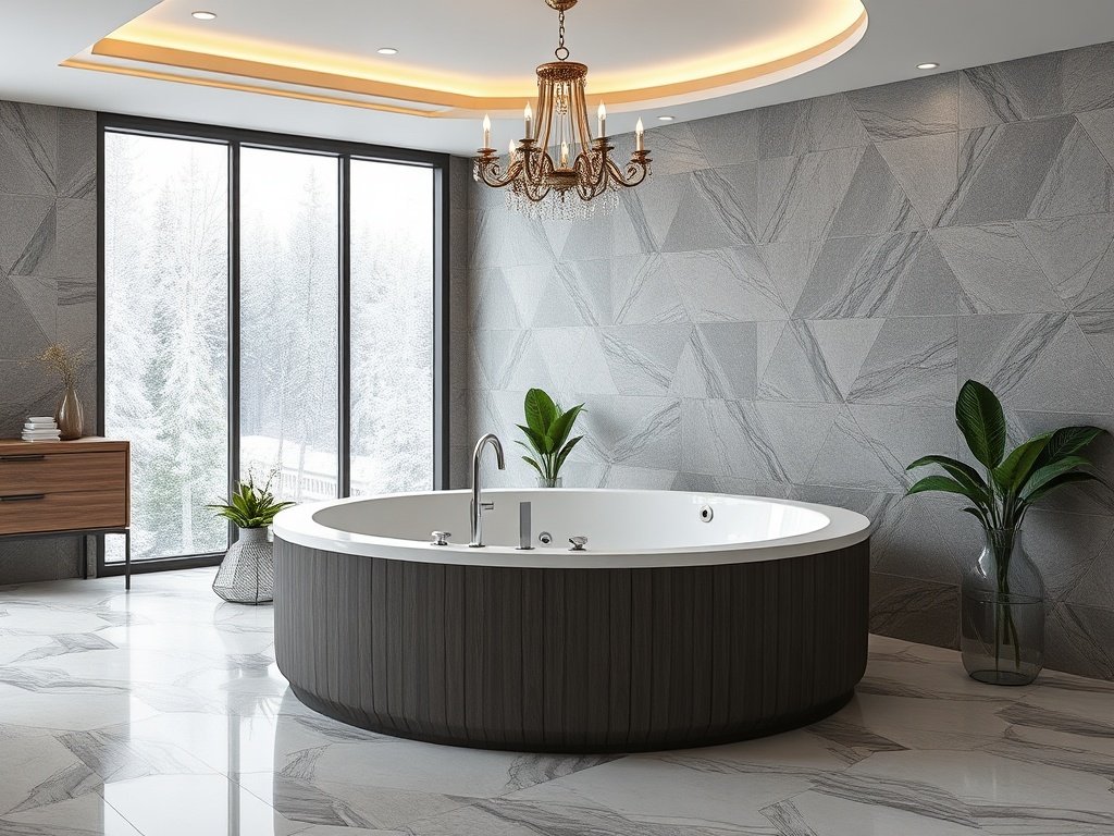 Современная ванная комната с круглой ванной, роскошной люстрой и большими окнами, выходящими на снежный пейзаж.