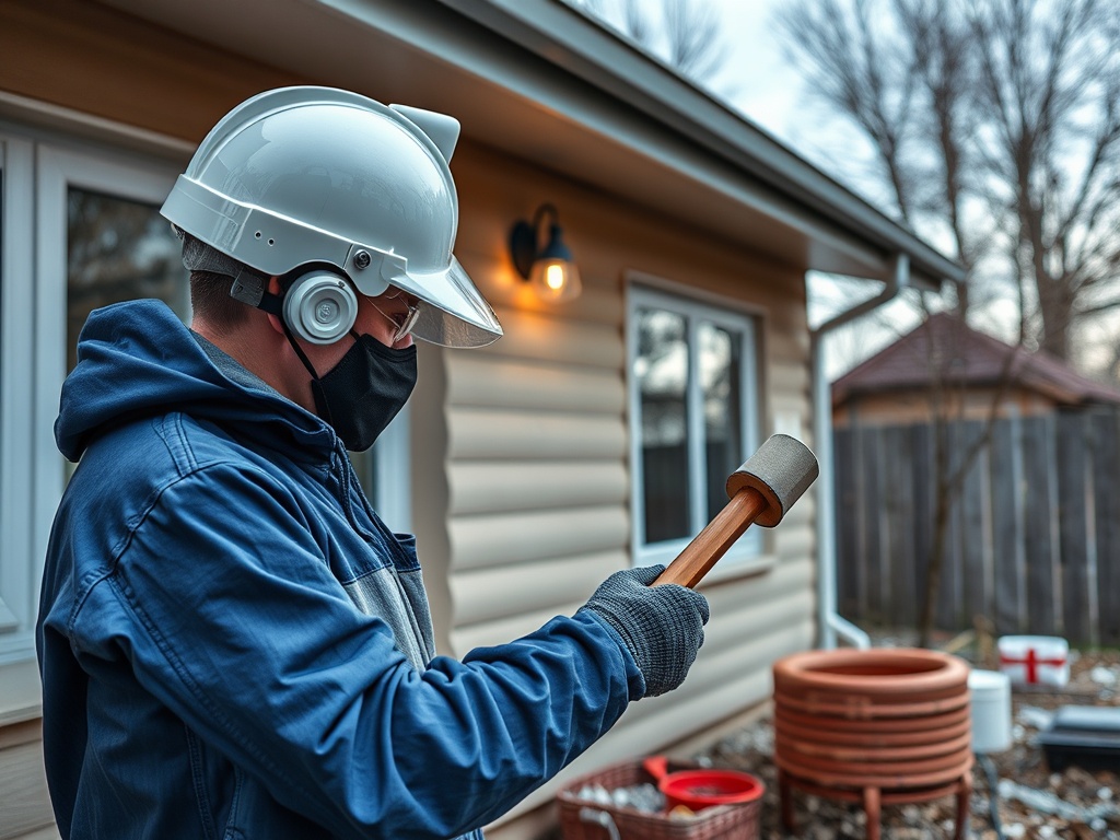 Человек в каске и маске держит молоток, на фоне дома и строительных материалов.