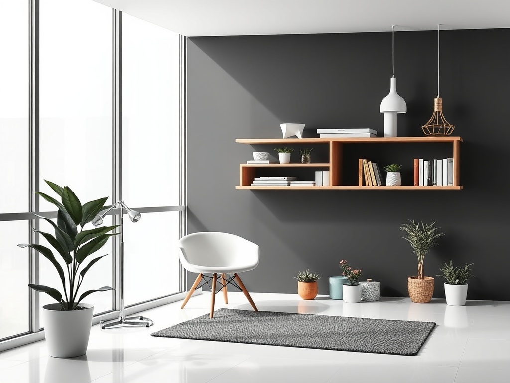 Современный интерьер: уютное пространство с креслом, книжной полкой и зелеными растениями на фоне серой стены.