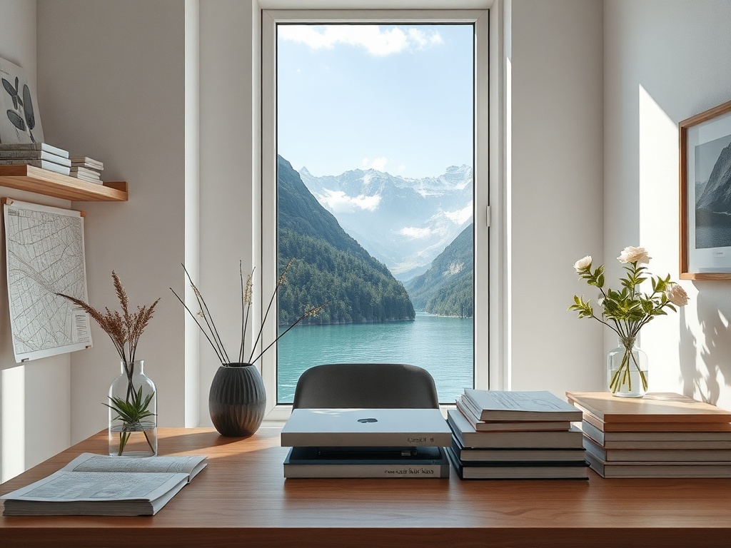 Офис с деревянным столом, книгами и цветами, окно с видом на горы и озеро. Светлая и уютная атмосфера.