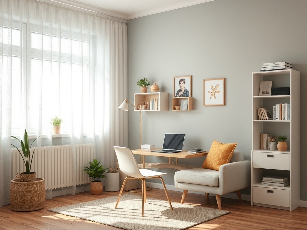 Светлый офис с уютной мебелью, растениями и книгами, созданный для работы и отдыха.