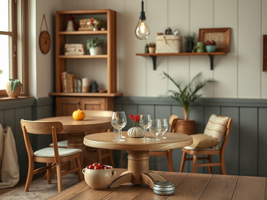 Уютная кухня с деревянным столом, стульями и элементами декора, светильником и растениями.
