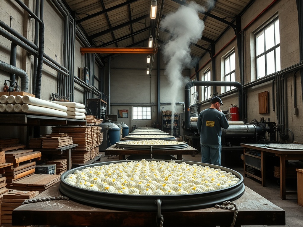 Рабочий в цехе с машинами и большими подносами, покрытыми кремовыми изделиями. Пар поднимается в воздух.