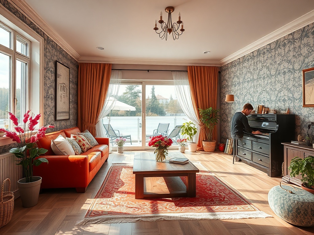 Современная гостинная с оранжевым диваном, пианино и большими окнами, выходящими на террасу.